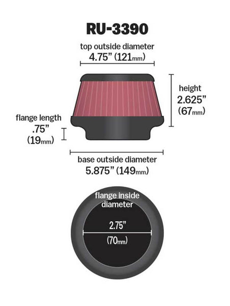 K&N Filter Universal Rubber Filter 2.75 Flange, 5.87 Base, 4.75 Top, 2.62 Height