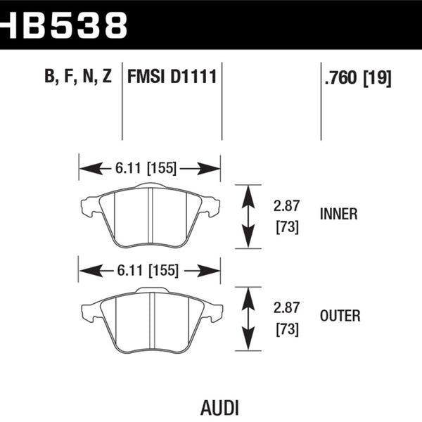 Hawk 09 Audi A4 Cabriolet / 05-07 A4 / 05-09 A4 Quattro / 06-09 A6 / 08 VW R32 HPS Front Brake Pads