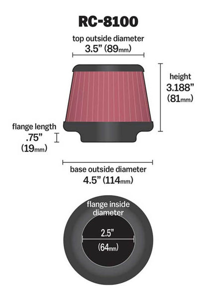 K&N Universal Clamp-On Air Filter 2-1/2in FLG / 4-1/2in B / 3-1/2in T / 3-3/16in H